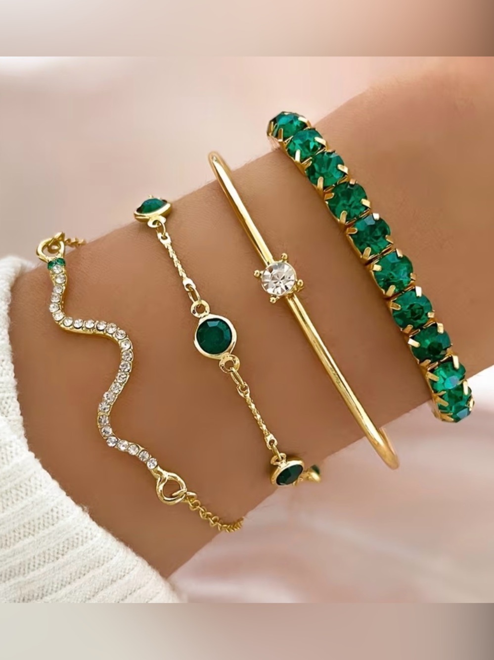 Gold-Plated Bracelet Set with Green Crystal Accents